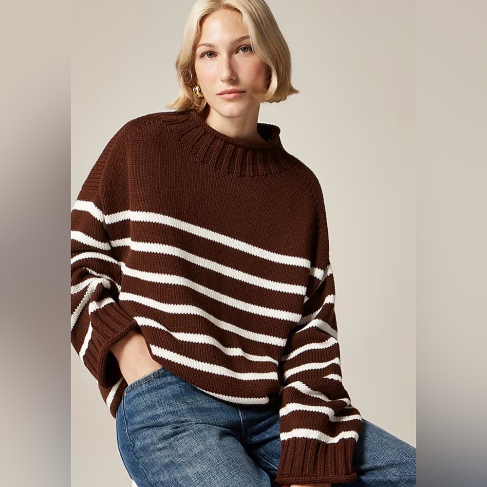 J. Crew Brown and White Striped Cowl Sweater